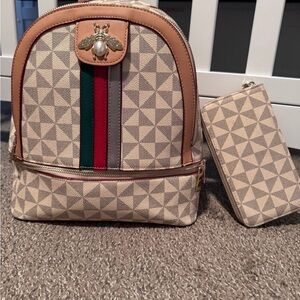 Beige Geometric Backpack and Wallet Set